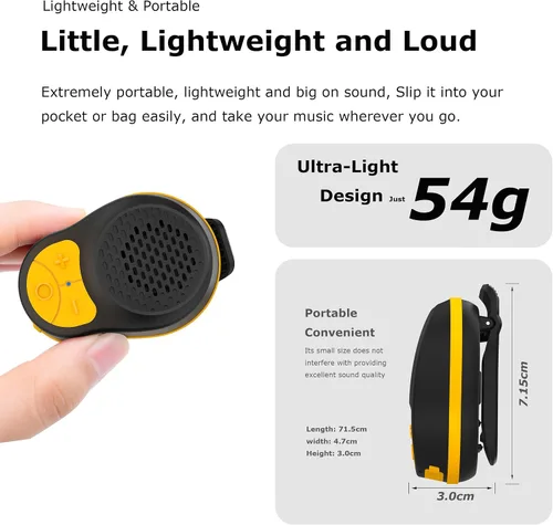 Vista 2 de Altavoz Bluetooth Portátil Clip On, Pequeño Altavoz Portátil, Mini Altavoz Bluetooth Impermeable con Micrófono para Ejercicios de Carrera hasta 24H