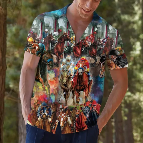 Vista 6 de Camisas hawaianas divertidas de caballos para hombres y mujeres, carreras de caballos de amor hawaiano de verano de manga corta, casual, ajuste