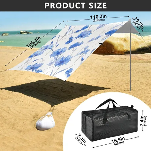 Vista 3 de Dreamy Light Blue Cornflowers Stable Beach Tent UPF50 Waterproof Large Sun Shelter with Sand Pockets for Camping, Fishing, Backyard Fun