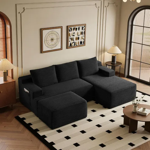 Vista 31 de Sofá modular moderno de 96 pulgadas para sala de estar, sofá modular tapizado sin hueso con bolsillos, cómodo sofá nube con diván en forma de L Negro