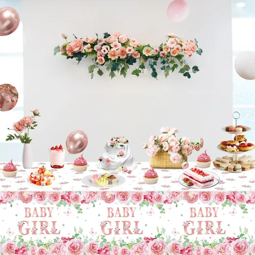 Vista 3 de Paquete de 4 manteles de baby shower, decoraciones de fiesta para niñas, suministros de fiesta de revelación de género, 86 x 51 pulgadas, mantel