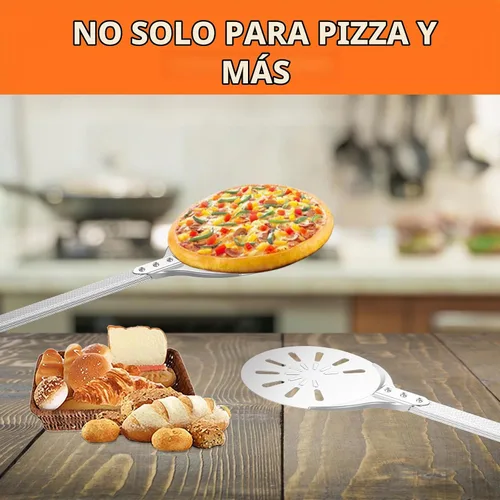 Vista 6 de Cáscara giratoria de pizza, 8 pulgadas, mango largo perforado de aluminio con gancho de silicona, accesorios para horno de pizza