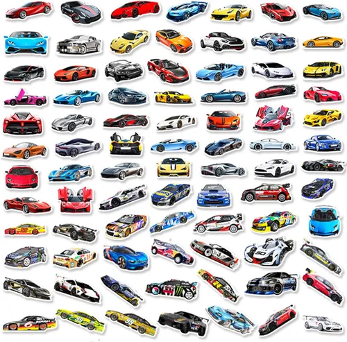 Vista 3 de 102 piezas de calcomanías de autos deportivos - Auto de carreras, calcomanías impermeables para botellas, portátiles, patinetas, cascos