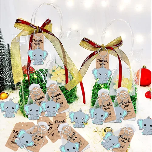 Vista 4 de CiciBear Paquete de 72 recuerdos de fiesta de elefante con llaveros de elefante azul bebé, etiquetas de agradecimiento y bolsas de regalo