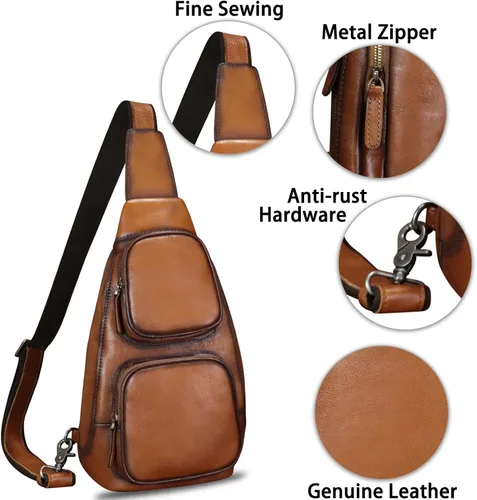 Vista 6 de LRTO Bolso de cuero genuino para hombres y mujeres, moda de cuero real, mochila bandolera de hombro, bolso cruzado de pecho