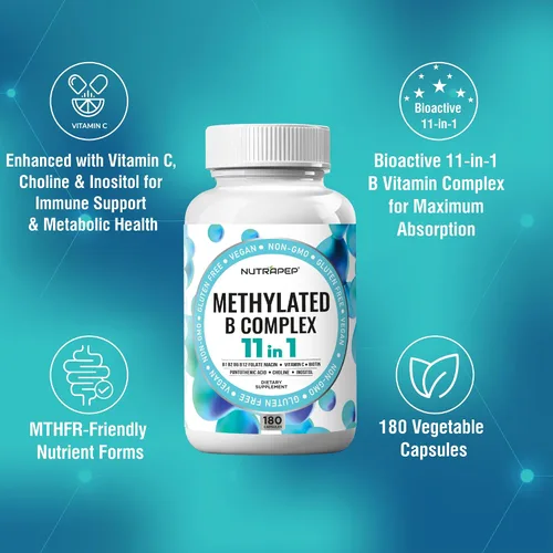Vista 5 de NutraPep Vitaminas del complejo B metilado – Complejo multivitamínico completo de metilo B con bioactivo B9 5-MTHF B6 B12 – Suplemento de apoyo