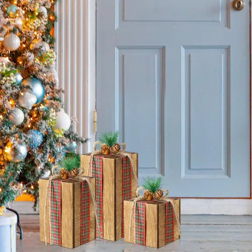 Vista 5 de Amyhill 3 piezas de caja de regalo de madera de Navidad, decoración de cuadros de Navidad, centros de mesa, regalos de madera rústica, decoración