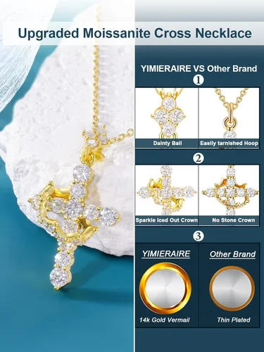 Vista 3 de YIMERAIRE Collar de Cruz Corona de Moissanita Mejorado Oro Vermeil de 14K 1.1 Quilates Delicado Helado Joyería de Cruz de Fe Cristiana Plata de Ley