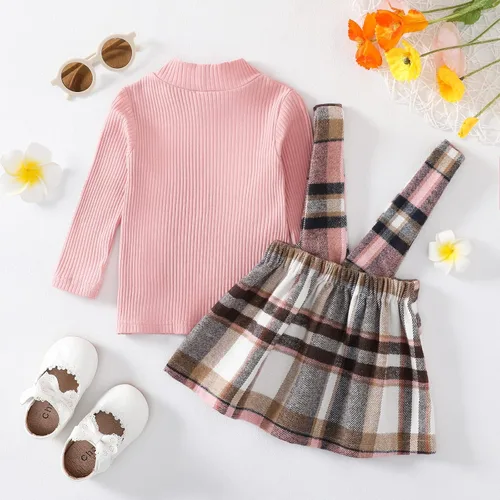 Vista 3 de Madjtlqy Conjunto de ropa de otoño e invierno para bebé niña, camiseta acanalada de manga larga + falda con tirantes a cuadros 12 18 24M 2T 3T 4T 5T