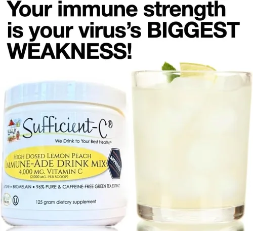 Vista 2 de Sufficient-C Mezcla de Bebida Immune-Ade de Vitamina C de Alta Dosis Sin OMG Sabor Limón Melocotón, Tamaño Conveniente de 125 Gramos con L-lisina