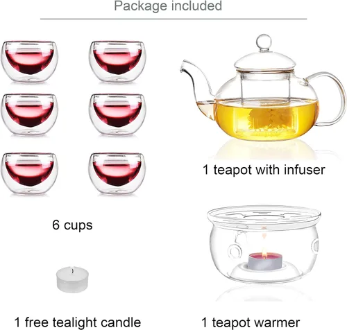Vista 2 de Jusalpha Tetera de vidrio con un conjunto calentador y 6 tazas de té, Transparente