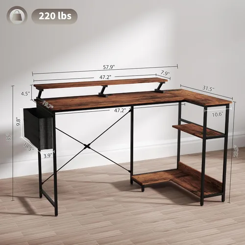 Vista 3 de HOMCOM Escritorio para juegos en forma de L de 58 pulgadas con tomas de corriente y luces LED, escritorio reversible para computadora con soporte