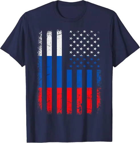 Vista 4 de Russian American Flag Russia America Pride Heritage T-Shirt Asphalt Grey