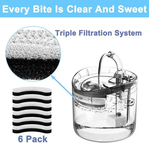 Vista 2 de Filtro de fuente de agua para gatos, 6 piezas, filtro de fuente de gato lavable en forma de arco, con sistema de filtración triple, carbón activado