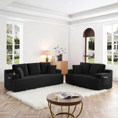 Vista 34 de Sofá sin hueso de 66.5 pulgadas con portavasos y bolsillos laterales, sofá biplaza tapizado de tela de pana moderna con 2 almohadas para sala