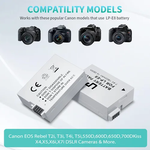 Vista 4 de LP Batería de repuesto E8, paquete de 2 baterías E8 de 1900 mAh para cámara digital Canon EOS Rebel T2i, T3i, T4i, T5i, EOS 550D, EOS 600D, EOS