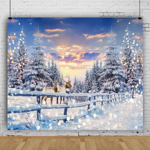Vista 2 de Telón de fondo de fotografía de invierno, 10 x 8 pies (118.1 x 94.5 in), pancarta de bosque de nieve, ciervos, decoración de fiesta de Navidad