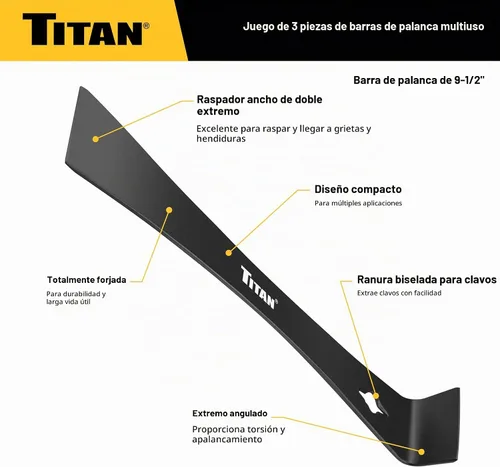 Vista 2 de Titan 17121 Juego de 3 barras de palanca planas de 5.5 pulgadas, 7.5 pulgadas y 9.5 pulgadas con extractor de clavos, barra de acero forjado