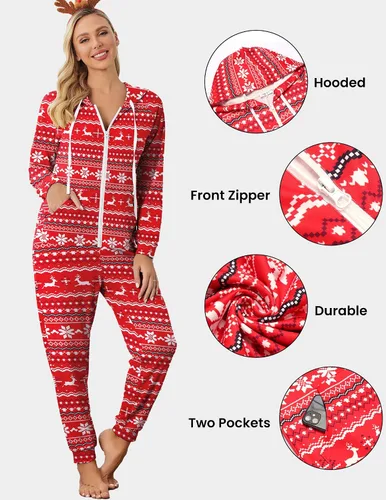 Vista 2 de Ekouaer Enterizo sin pies para mujer, pijama cómodo con capucha para Navidad, tallas S-XXL