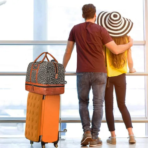 Vista 7 de Bolsa de viaje de lona grande para mujer, bolsa de viaje de lona con compartimento para zapatos de 21 pulgadas para mujeres y hombres, juego de 3