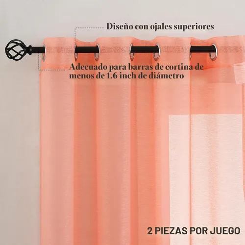 Vista 2 de 2 paneles de cortinas traslúcidas coral para dormitorio de 63 pulgadas de largo, cortinas semitraslúcidas con ojales para sala de estar, cortinas