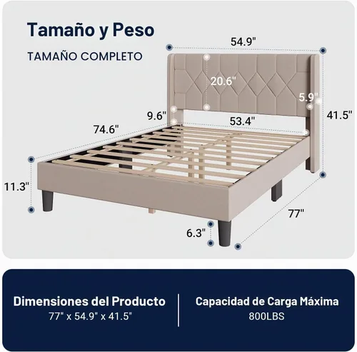 Vista 2 de Avenco Base de cama de tamaño matrimonial, cama tapizada con cabecero alado, fácil montaje sin herramientas y almacenamiento debajo de la cama