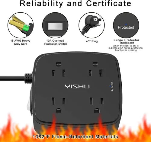 Vista 6 de Regleta de protección contra sobretensiones de 5 pies, 8 tomas amplias con 4 puertos USB, extensor de salida de 3 lados con cable de extensión de 5