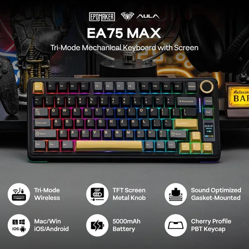 Vista 2 de EPOMAKER X Aula EA75 MAX Teclado inalámbrico para juegos con pantalla y perilla, 5000 mAh, intercambio en caliente, interruptores lubricados