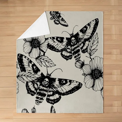 Vista 3 de Manta de Franela de Polilla de la Muerte para Niños, Niñas y Adultos, Manta de Vellón Gótica de Calavera de la Muerte Manta Térmica, Manta Bohemia