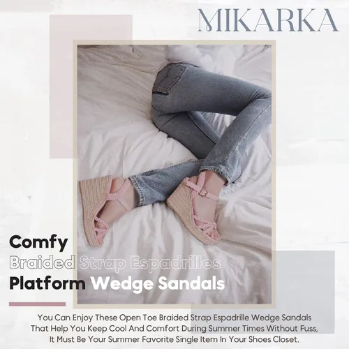 Vista 3 de mikarka Alpargatas de punta abierta para mujer, sandalias de cuña elegantes con correa de tobillo y nudo trenzado