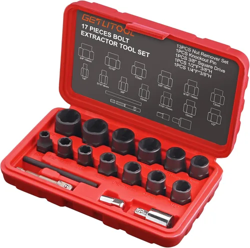 Vista 8 de GETLITOOL Juego de 17 herramientas extractoras de pernos de impacto, 42CR-MO Juego de removedor de pernos de impacto y tuercas con estuche