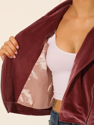 Vista 6 de Allegra K Chaqueta corta de terciopelo con cuello de solapa y cremallera para mujer Coffee