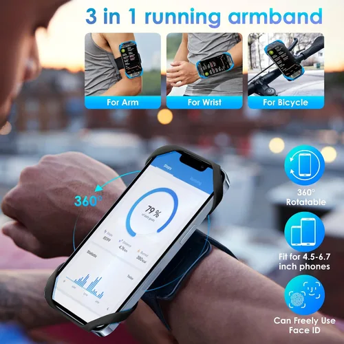 Vista 3 de Cikyner Brazalete deportivo 3 en 1, giratorio de 360° y desmontable G4Negro