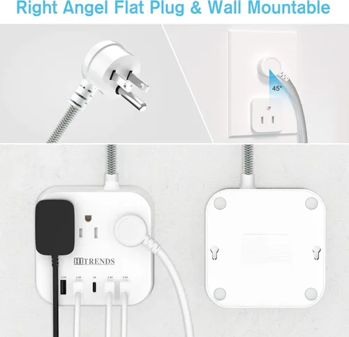 Vista 3 de Regleta de alimentación, protector de sobretensiones HITRENDS con 3 tomas, 4 puertos USB y 1 puerto tipo C (5V/3A), enchufe plano en ángulo, cable