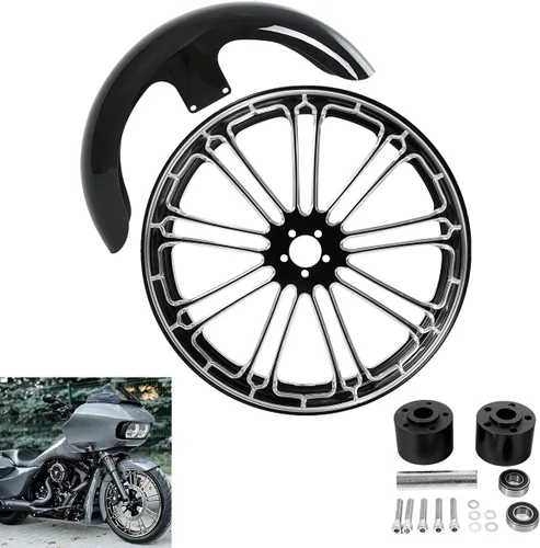 Vista 95 de TCMT Llanta de rueda delantera de 21", buje de rueda de brida de doble disco con guardabarros delantero negro sin pintar, compatible con modelos