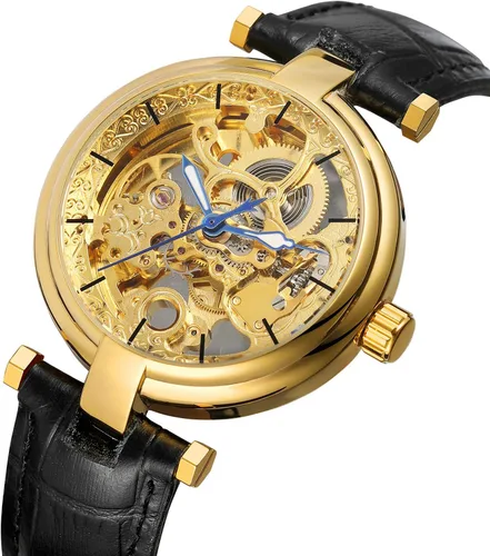 Vista 2 de Reloj automático para hombre, estilo Steampunk, de bronce, esqueleto de cuero, reloj de pulsera de cuerda automática CH8160G, CH8160G, moda, casual