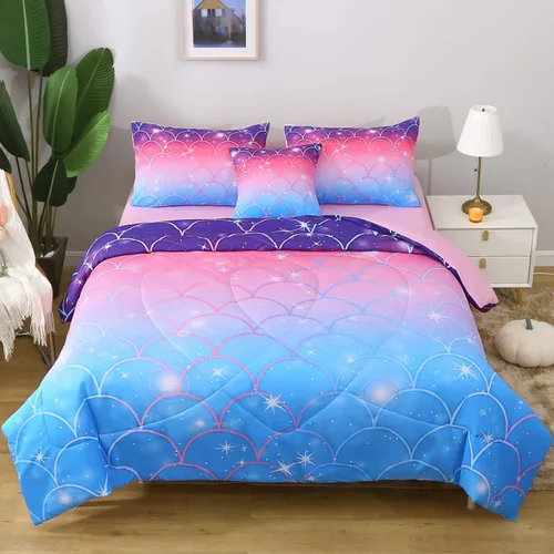Vista 18 de JQinHome Juego de edredón con purpurina, tamaño individual, juego de ropa de cama en una bolsa de 6 piezas en 3D colorido degradado para niñas