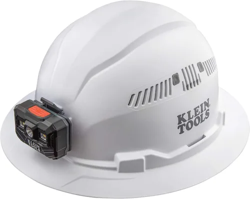 Vista 2 de Casco duro ventilado de ala completa con faro recargable blanco y casco duro 60347, ala completa ventilada, clase C, patrón KARBN premium, lámpara