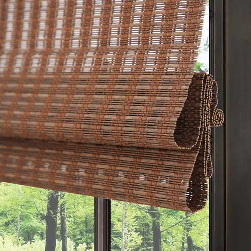 Vista 11 de Persianas romanas de bambú sin cordones para ventanas, persianas de madera tejida natural de ónix negro con cenefa de 6 pulgadas de alto, persianas