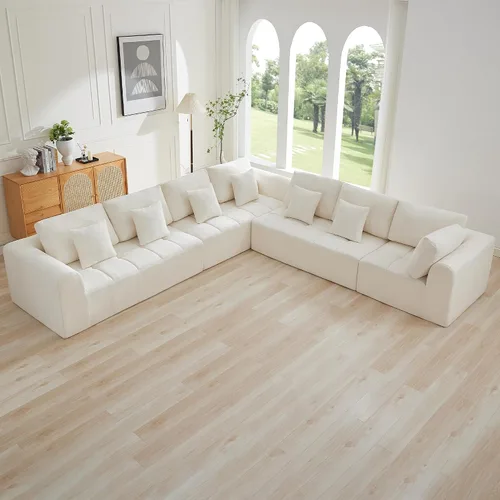 Vista 36 de Sofás seccionales modulares de 110 pulgadas para sala de estar, sofá seccional comprimido sin hueso, sofá de espuma viscoelástica tapizado de 3 Beige