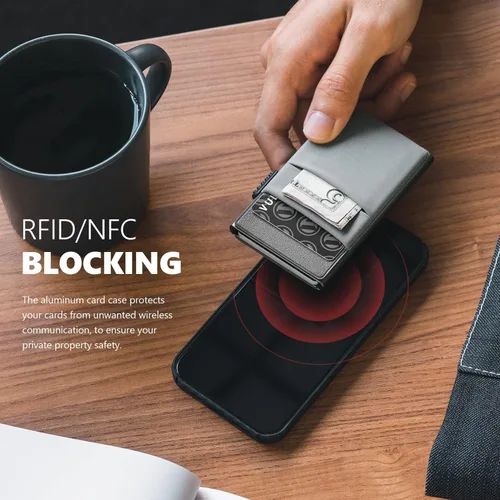Vista 17 de VULKIT Billetera minimalista con ventana de identificación y bolsillo EDC con bolsillo desplegable para tarjetas de crédito y bloqueo RFID, diseño