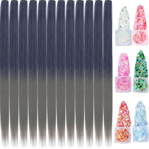Vista 28 de Extensiones de cabello de colores, extensión de cabello liso con clip de 22 pulgadas, extensiones de cabello con brillantina multicolor arcoíris