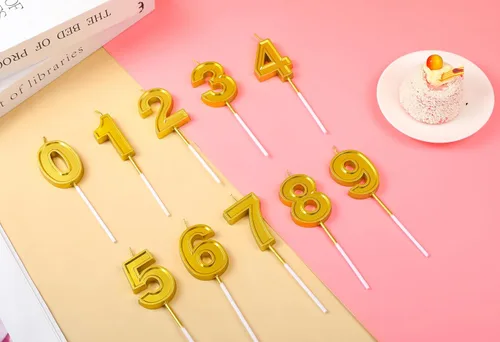 Vista 6 de Vela de 10 cumpleaños número 10, vela dorada de 10 cumpleaños niño niña décimo pastel para cumpleaños de diez años, boda, aniversario, fiesta