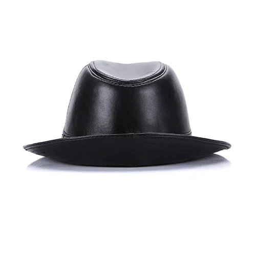 Vista 5 de Sombrero de cuero negro para hombre, sombrero de cuero de oveja vintage, sombrero clásico de cuero de Fedora de caballero para hombre, sombrero