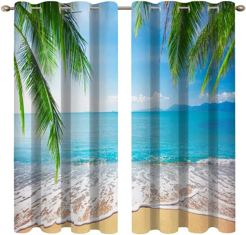 Vista 10 de Cortinas opacas de playa con hojas de palmera tropicales, 2 paneles de 84 pulgadas de largo, para dormitorio, sala de estar, guardería, 52 x 84