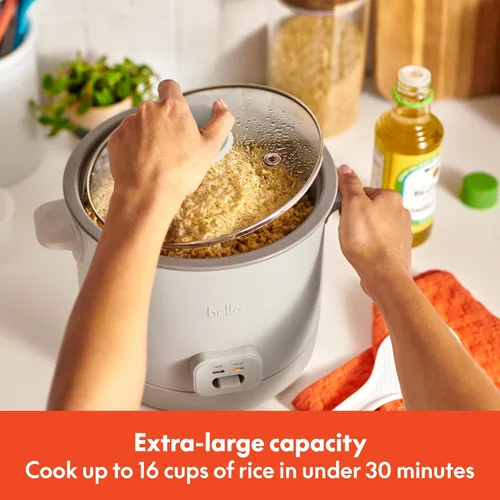 Vista 2 de Arrocera BELLA de 16 tazas con vaporizador, cesta de cocción a vapor apta para lavavajillas, paleta de arroz y taza medidora, recipiente de cocción