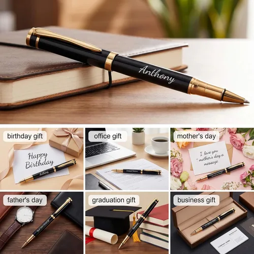 Vista 4 de Ancolo Bolígrafos Negros Personalizados para Negocios Ejecutivos - Punta Media con 10 Recambios de Tinta Negra Personalizados con Tu Nombre