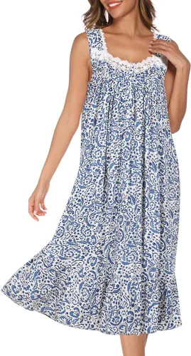 Vista 22 de AVIIER Camisones de algodón para mujer, sin mangas, vestido de casa largo con bolsillos, S-XXL Flor negra