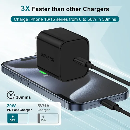 Vista 2 de Cargador rápido USBC de 20 W para iPhone 17 16 15 y cable de carga de 6/6/10 pies