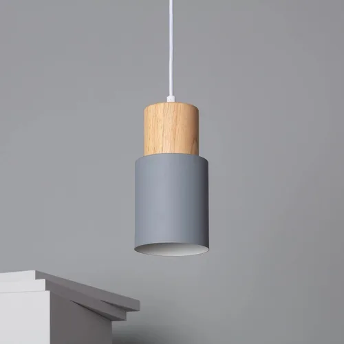 Vista 9 de Pendant lamp in Metal and Wood 1200xØ100 mm Gray E27 Fat Metal Cap Decoration Living Room, Bedroom, Bedroom (Color : Blanco)
